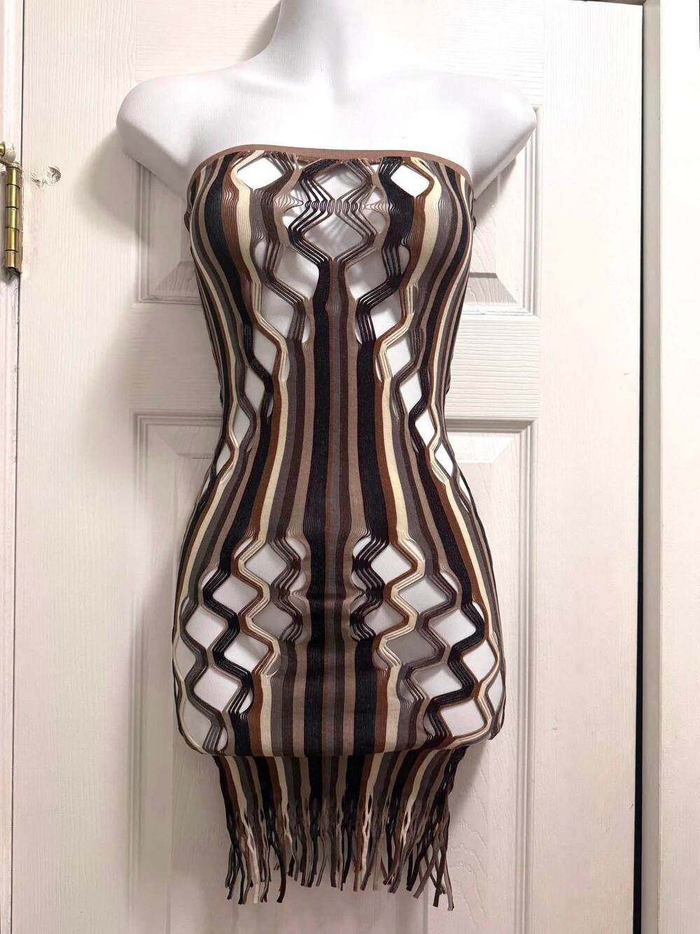POSTER GIRL Haze Dress Strapless Cutout Knit Striped Mini Fringe  One Size